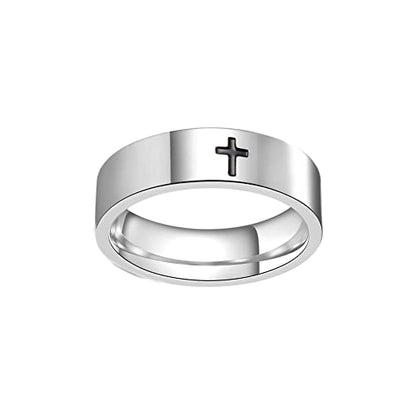 COLORFUL BLING 6MM Simple Polished Engraved Cross Stackable Ring Stainless Steel Silver Christian Cross Ring Sideways Religious Wedding Band Jewelry