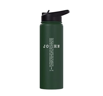 John 3:16 Bible Verse Christian Cross Front, Back Print Stainless Steel Insulated Water Bottle - color: Dark Green