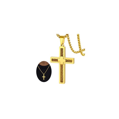 FaithHeart Stainless Steel Cross Necklace for Men, Silver/Black/Gold Cross Chains for Men Religious Amulet Necklaces Christian Gifts for Dad - style: Twist Cross-Gold