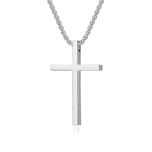 Cross Necklace for Men,Stainless Steel Christian Pendant Jewelry - color: B-silver-60cm chain