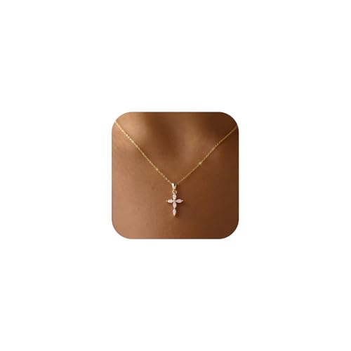 Cross Necklace for Women, Dainty 14K Gold Plated CZ Pendant - color: Gold-marquise cz cross