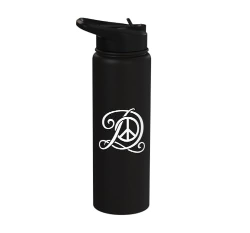 fancy Italic script Initial Letter D minimalist peace sign Stainless Steel Insulated Water Bottle - color: Black