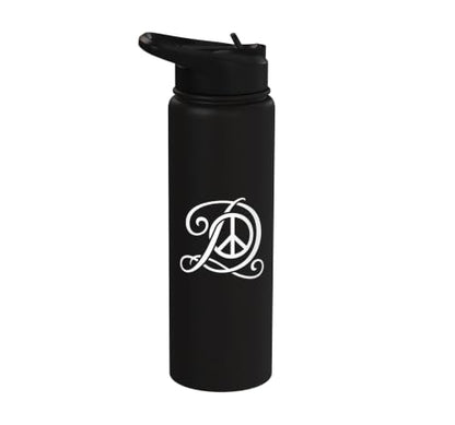 fancy Italic script Initial Letter D minimalist peace sign Stainless Steel Insulated Water Bottle - color: Black