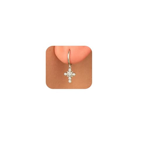 Small Gold/Silver Hoop Earrings for Women - color: Dangle Cross-Silver