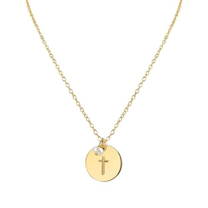 Dainty Cross Pendant Necklace with Freshwater Pearl, Adjustable Chain - color: Gold, size: Medium/Large (18"-20" Adjustable)