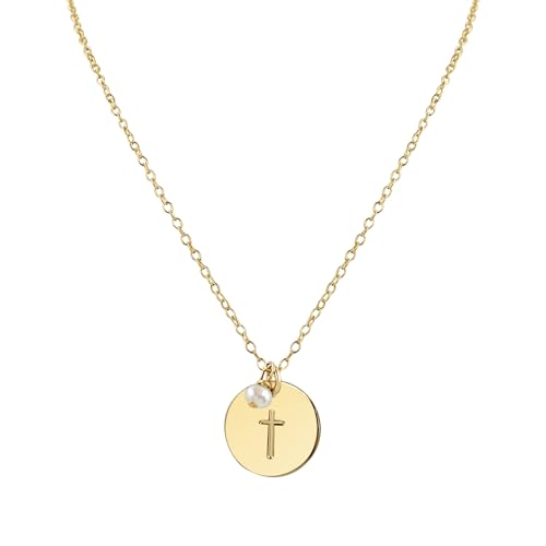 Dainty Cross Pendant Necklace with Freshwater Pearl, Adjustable Chain - color: Gold, size: Small/Medium (16"-18" Adjustable)