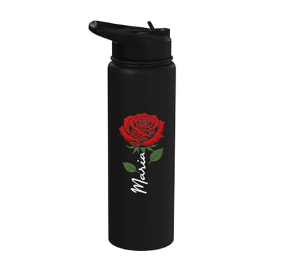 Maria Personalized Rose Name Elegant Floral Women Girls Stainless Steel Insulated Water Bottle - color: Black