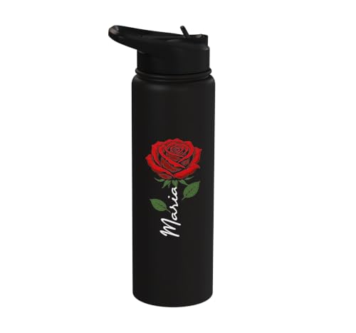 Maria Personalized Rose Name Elegant Floral Women Girls Stainless Steel Insulated Water Bottle - color: Black