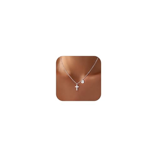 M MOOHAM Initial Cross Necklace for Girls, Baptism Gifts for Girl Jewelry - color: M