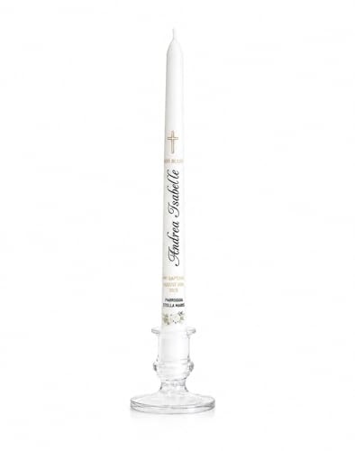 WHITEROOM Personalized Baptism Candle, White Religious Ceremony Candle with Cross Design, Floral Decoration, Custom and Personalized Name and Date (10") - size: 10"