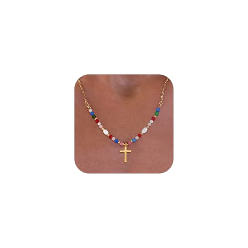 18K Gold Plated Cross Necklace for Women Trendy - color: Colorful Bead Cross
