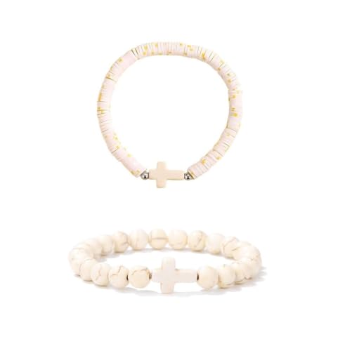 Colorful Handmade Cross Beaded Bracelet for Women Qute Religious Stone Clay Beaded Bracelet for Christian Inspirational Easter Chrismas Thanksgiving Gifts Jewelry - color: White