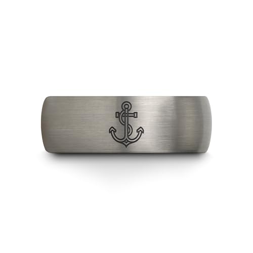 Gift for Nautical Fan - Anchor With Rope Ring - Men Women - Tungsten - Flat Dome Bevel - Band - Yellow Gold Black Silver Blue - Anniversary Wedding - 8mm - Brushed Polished - Personalized Custom Engra - color: 03 - Blue Grey Tungsten