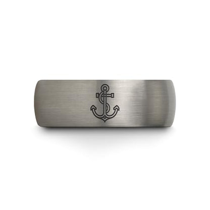 Gift for Nautical Fan - Anchor With Rope Ring - Men Women - Tungsten - Flat Dome Bevel - Band - Yellow Gold Black Silver Blue - Anniversary Wedding - 8mm - Brushed Polished - Personalized Custom Engra - color: 03 - Blue Grey Tungsten