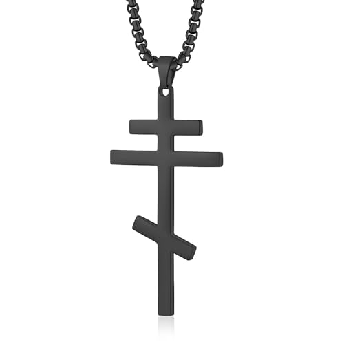 Orthodox stainless steel cross necklace for men and women, simple and retro silver glossy titanium steel cross pendant - color: Black