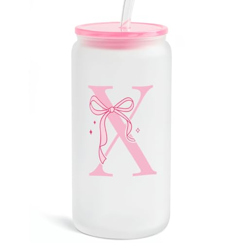 SANDJEST Monogrammed Glass Drinking Can Cup with Acrylic Lid and Straw, Personalized Frosted Iced Coffee Tumbler 16oz, Monogram Initial Gifts for Women Girls on Birthday (X) - color: X