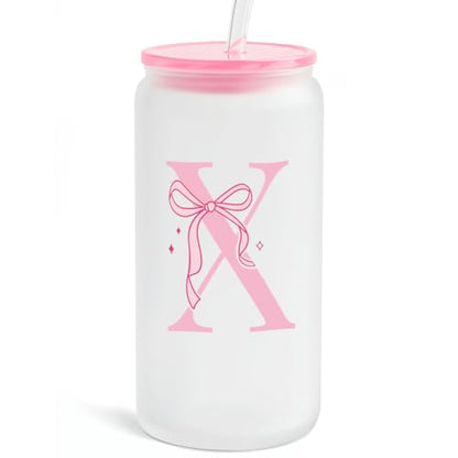 SANDJEST Monogrammed Glass Drinking Can Cup with Acrylic Lid and Straw, Personalized Frosted Iced Coffee Tumbler 16oz, Monogram Initial Gifts for Women Girls on Birthday (X) - color: X