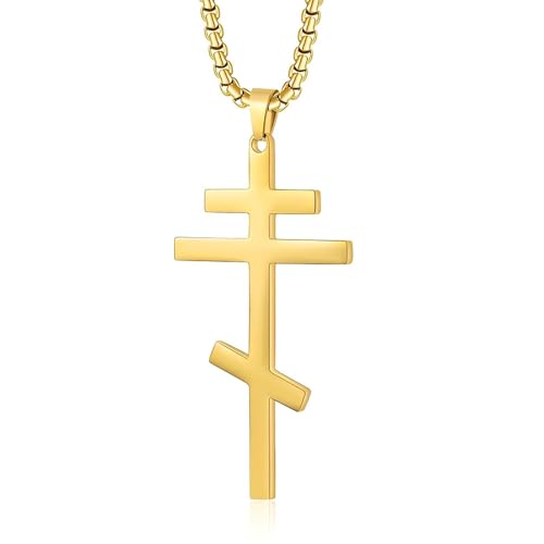 Orthodox stainless steel cross necklace for men and women, simple and retro silver glossy titanium steel cross pendant - color: Gold