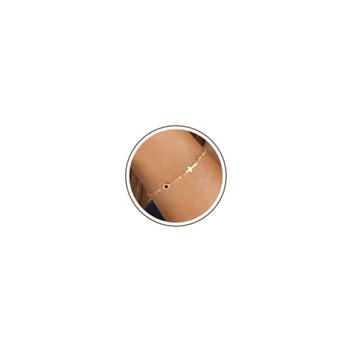 Cross Bracelet with Birthstone, Christian Gifts for Women Dainty Gold Bracelet Birthstone Bracelets for Women Birthday Gift Religious Faith Baptism Confirmation Bracelets for Teen Girls Christmas Jewelry for Mom Daughter Granddaughter - color: Gold Plated