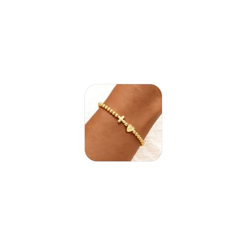 TLY Gold Beaded Bracelets for Women Cross Initial Elastic Stretch Bracelet - color: K