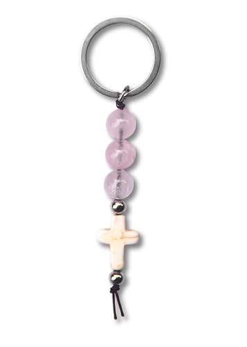 Christian Cross Keychain - Natural Stone Beaded Faith Gift for Baptism, Confirmation or Christmas - color: Rose Pink