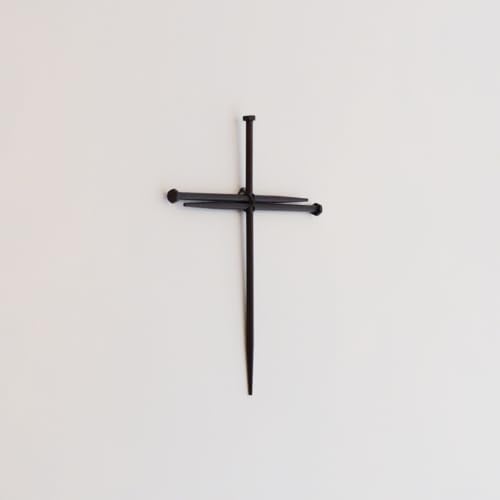 Rustic Metal Nail Cross Art - Christian Home Decor for Office, or Prayer Room - Religious Iron Crucifix with Three Nails Sculpture Baptism Gift - Minimalist Hanging Accent - Metal Wall Art 12” Black