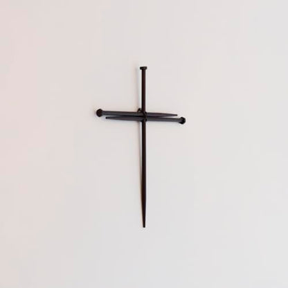 Rustic Metal Nail Cross Art - Christian Home Decor for Office, or Prayer Room - Religious Iron Crucifix with Three Nails Sculpture Baptism Gift - Minimalist Hanging Accent - Metal Wall Art 12” Black