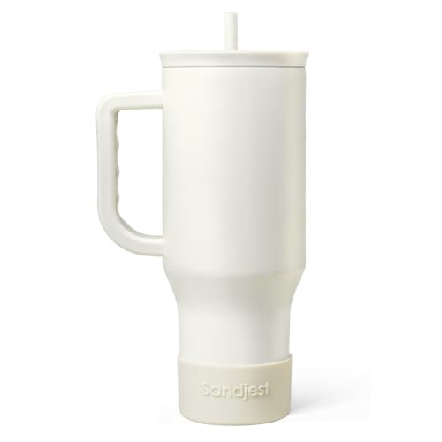 SANDJEST Ivory 40oz Tumbler with Handle and Straw, Insulated Stainless Steel Travel Coffee Mug for Women Girls, Gift Idea for Birthday Christmas Mothers Day - color: Beige