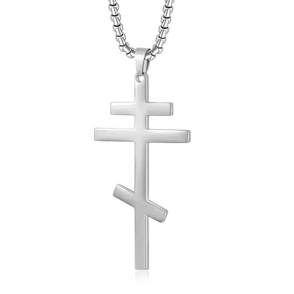 Orthodox stainless steel cross necklace for men and women, simple and retro silver glossy titanium steel cross pendant - color: Silver