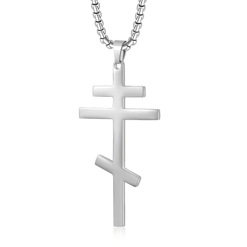 Orthodox stainless steel cross necklace for men and women, simple and retro silver glossy titanium steel cross pendant - color: Silver