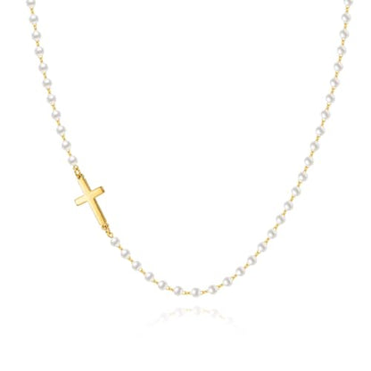Zeffy Cross Necklace for Women,18K Gold/Silver Plated Tiny Cubic Zirconia Cross Pendant Necklace for Women Simple Layered Cross Necklaces for Women - color: Gold Cross Pearl