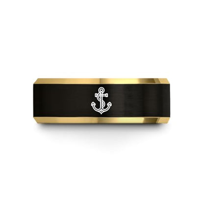 Gift for Nautical Fan - Anchor With Rope Ring - Men Women - Tungsten - Flat Dome Bevel - Band - Yellow Gold Black Silver Blue - Anniversary Wedding - 8mm - Brushed Polished - Personalized Custom Engra - color: 10 - Yellow Gold Black Tungsten