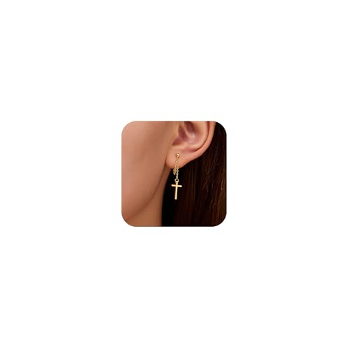925 Sterling Silver CZ Moon Cross Heart Teardrop Chain Earrings for Women - color: Cross-Gold