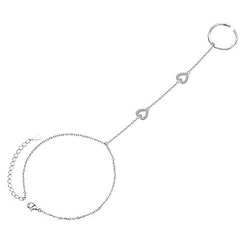 S925 Sterling Silver Finger Ring Bracelet Hand Adjustable Chain for Women - style: Heart CZ