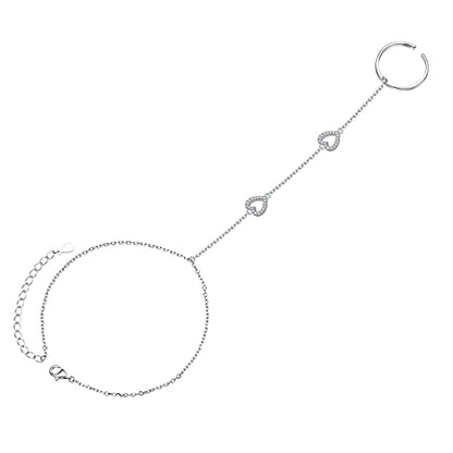S925 Sterling Silver Finger Ring Bracelet Hand Adjustable Chain for Women - style: Heart CZ