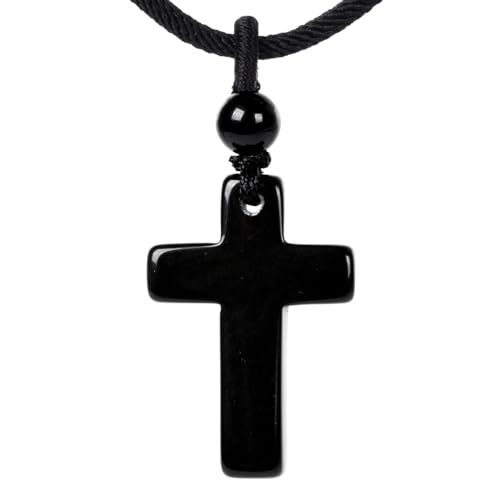 Justinstones Natural Gemstone Carved Cross Reiki Chakra Pendant Necklace 22 Inch - color: 30mm Black Obsidian