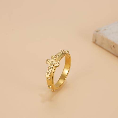 Jesus Cross Ring for Men: Gold Stainless Steel Christian Religious Ring Band Faith Jewelry Gifts for Husband Dad Boyfriend, Size 8-13