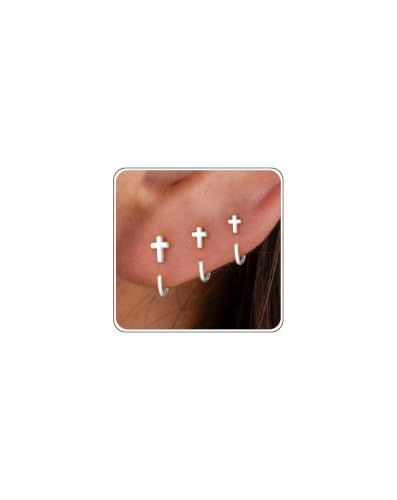 3 Pairs Backless Earrings for Women, Stay Close Half Hoop Earrings - color: Silver-Cross 4/5/6mm
