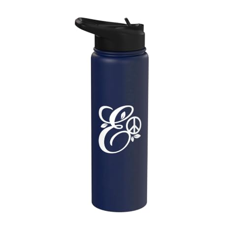 fancy Italic script Initial Letter E minimalist peace symbol Stainless Steel Insulated Water Bottle - color: Navy Blue
