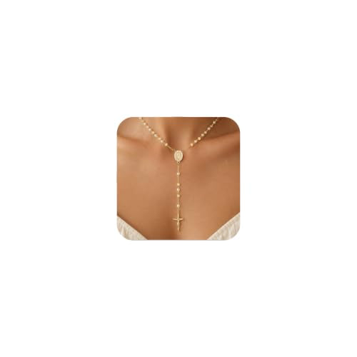 Women's Gold Catolicos Rosary Necklace - 14k Gold Plated Virgin Mary Rosary Bead Cross Necklaces, Non Tarnish Gold Catholic Y Chain Necklaces, Religious Rosary Bead Crucifix Necklace Jewelry for Women - color: Gold-Pearl