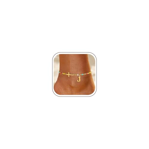 TOBENY Colorful A-Z Initial Cross Gold Ankle Bracelets for Women Waterproof - color: Initial Cross Anklet-J