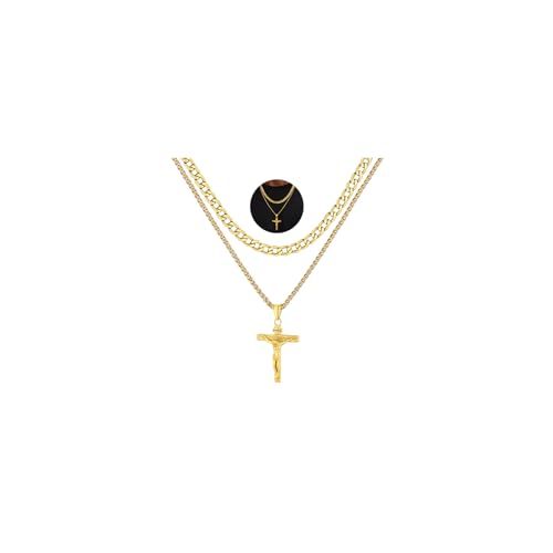 FaithHeart Cross Necklace for Men, Silver/Black/Gold Crucifix Necklace Stainless Steel Pendant with Cuban Chain Jesus Cross Necklaces Religious Gifts for Men - color: 02. INRI Cross-Gold, size: Chain Length 22in/24in