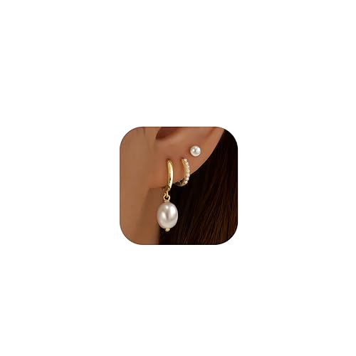 14K Gold Planted Seashell Starfish Stud dangle Earrings for Women, Summer Beach Hoop Earrings for Multiple Piercing Cartilage, Dainty Trendy Dangling Earring 3 Pairs Set Vacation Ocean Outfits Accessories Jewelry - color: Pearl-Gold