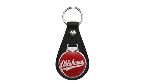 STATE OF OKLAHOMA BASEBALL SPORT SCRIPT CURSIVE DISTRESSED WHITE Black Leather Key Chain Keychain