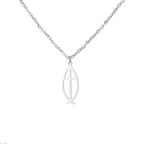 Ichthus Necklace for Women Christian Jesus Fish Necklace Christ Fish Cross Ichthys Pendant Necklace Ichthus Fish Religious Symbol Pendant Christian Jewelry Gift - color: Ichthys cross silver