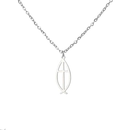 Ichthus Necklace for Women Christian Jesus Fish Necklace Christ Fish Cross Ichthys Pendant Necklace Ichthus Fish Religious Symbol Pendant Christian Jewelry Gift - color: Ichthys cross silver