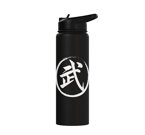 “Warrior” Japanese Kanji Word Graphic Stainless Steel Insulated Water Bottle - color: Black