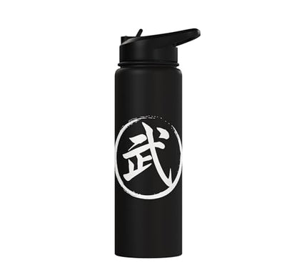 “Warrior” Japanese Kanji Word Graphic Stainless Steel Insulated Water Bottle - color: Black