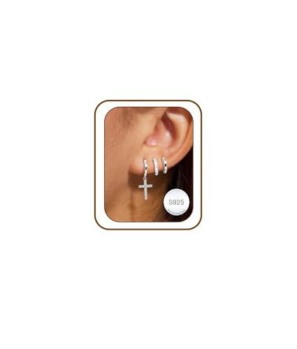3Pairs Gold Cross Earrings for Women Hoops Huggie Earrings Stack Set - color: Silver-3