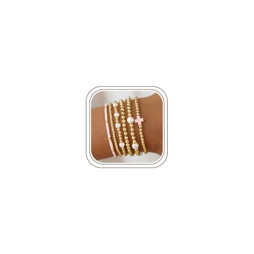 M MOOHAM Beaded Bracelets for Women Teen Girls, 14K Gold Bracelet Stack - color: Pink Cross-2